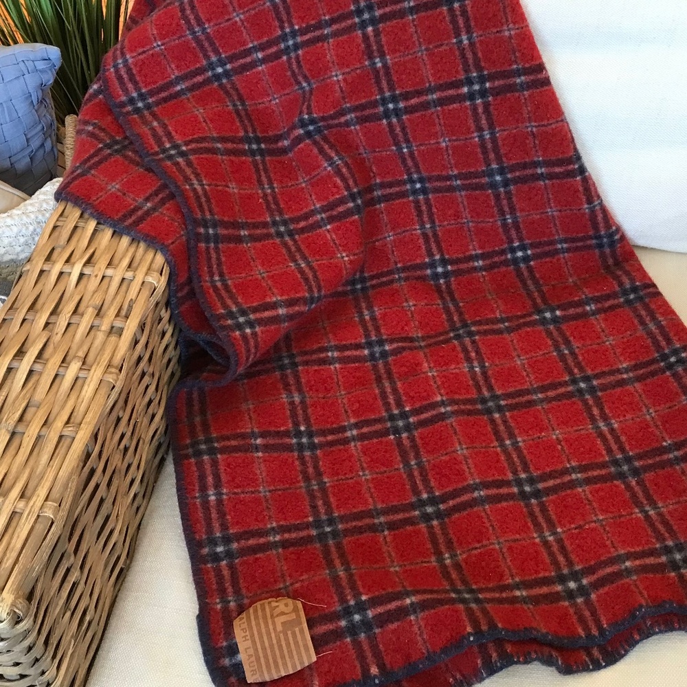 VINTAGE RALPH LAUREN WOOL PLAID THROW BLANKET RED TARTAN FELTED SHRUNK 44 X 58
